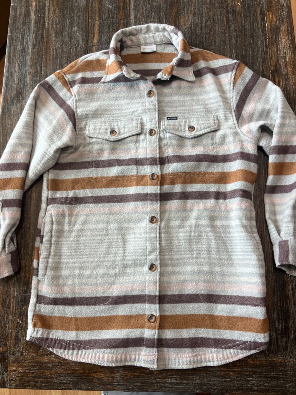 Columbia Striped Button-Down Shirt Jacket in Cream, Brown & Gray